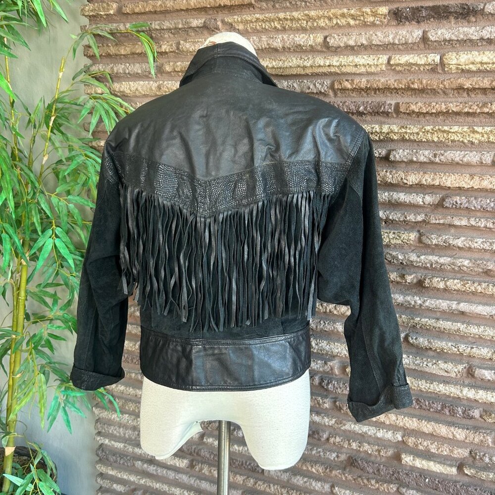 Winlit Vintage 80s Western Cowgirl Jacket Black Leather With Fringe - Picture 6 of 13